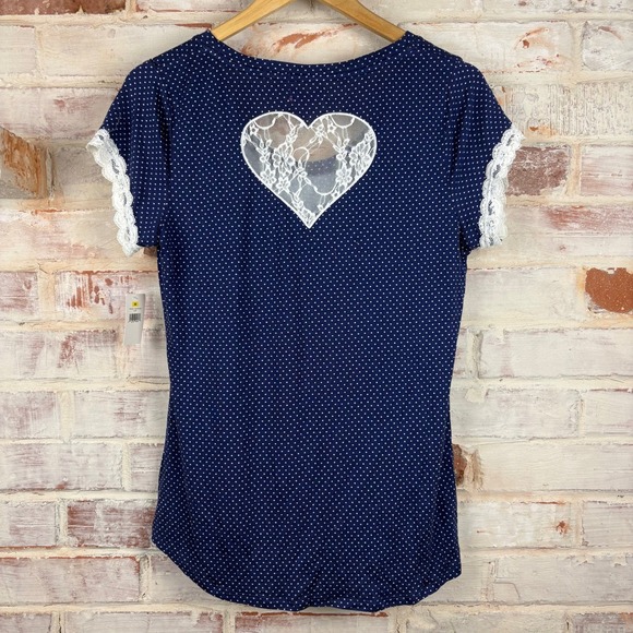 Betsey Johnson Tops - Betsey Johnson NWT Navy Polka Dot Top Size M Lace Trim Heart Cutout Coquette Y2K